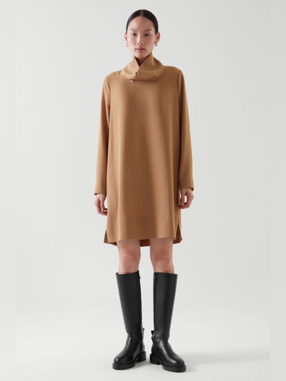 COS High Neck Dress Camel Long Sleeve Cowl Neck Shift Large